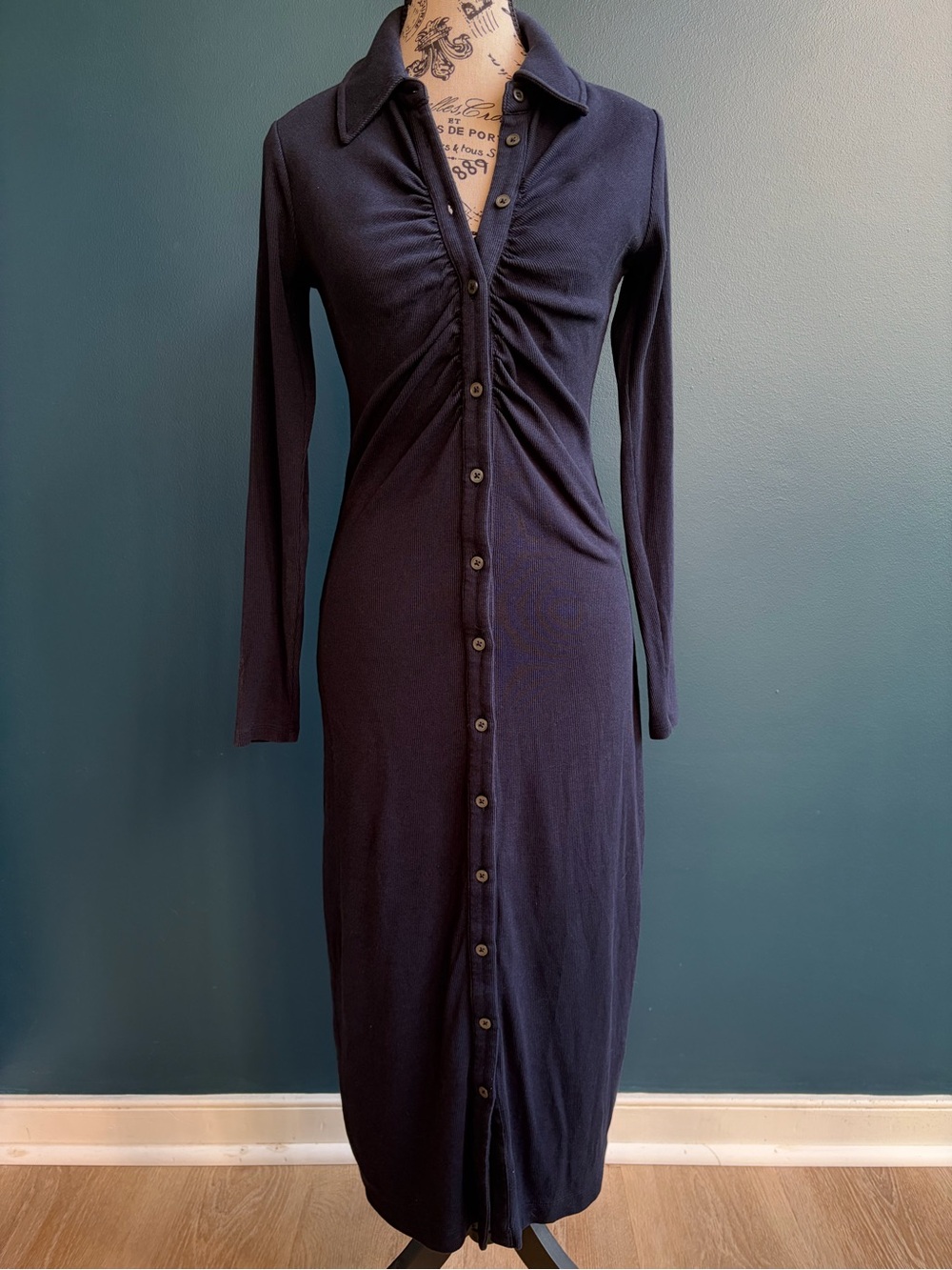 Boden Navy Ribbed Ruched Button Front Midi Shirt Dress US 4R